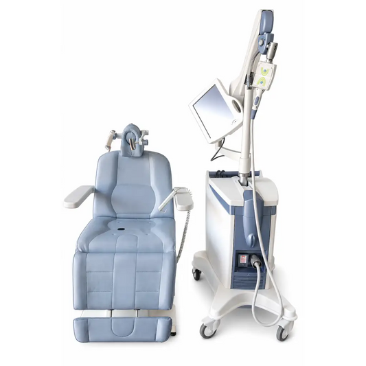 Light blue padded neuronetics neurostar biomed certified tms therapy patient chair with adjustable headrest and mobile unit