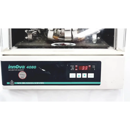 White brunswick scientific innova 4080 incubator shaker with digital display showing rpm and temperature settings