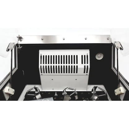 Silver metal industrial ventilation unit with vertical slats and brackets on the back of brunswick scientific innova incubator 4080