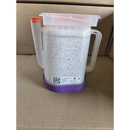 Clear plastic container with orange spout and purple base filled with healthcare zplege-01 absorbent granules