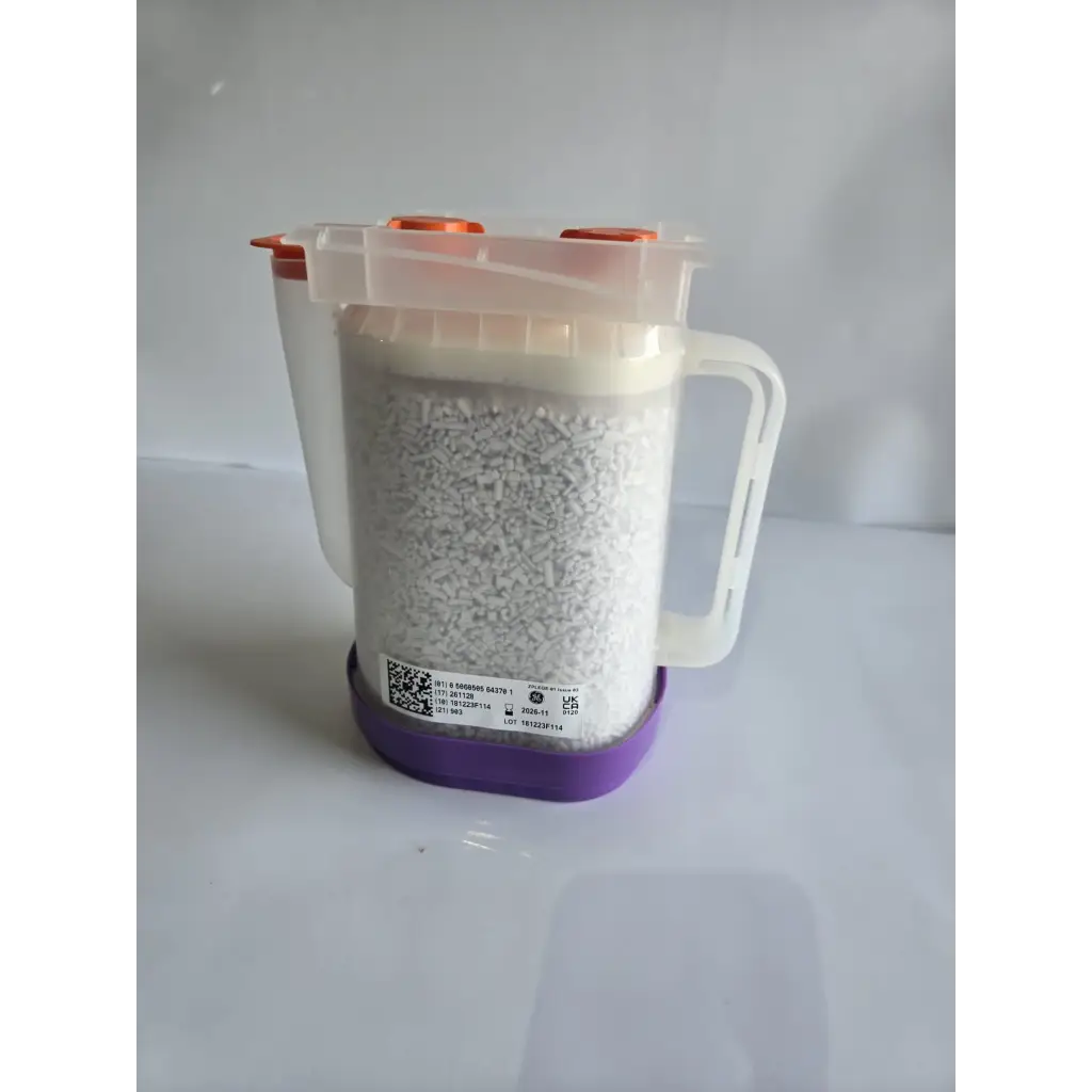 White plastic pitcher with orange caps and purple base filled with healthcare zplege-01 absorbent granules exp 11/2026