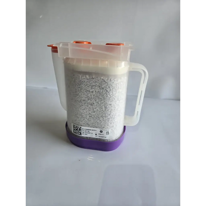 White plastic pitcher with orange caps and purple base filled with healthcare zplege-01 absorbent granules exp 11/2026