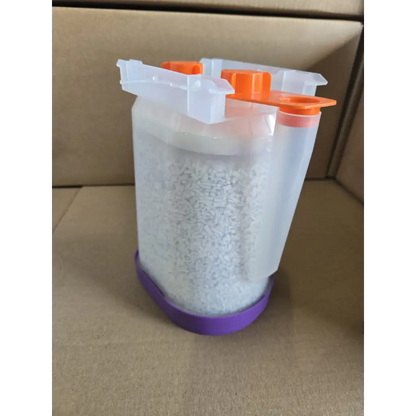 Clear plastic container with orange caps and purple base filled with healthcare zplege-01 absorbent granules exp 11/2026