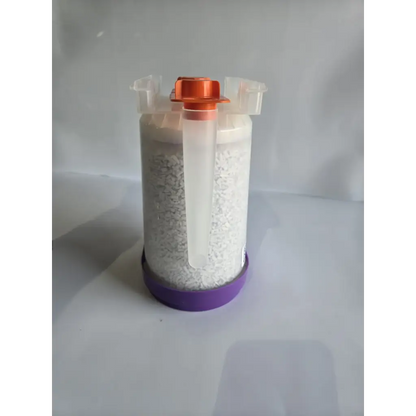 Transparent plastic container with orange lid and purple base filled with white granular healthcare zplege-01 absorbent granules