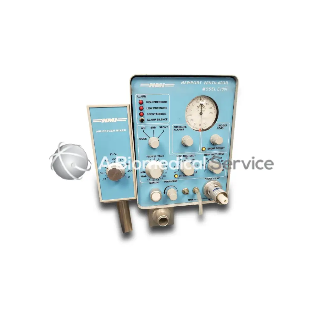 Light blue nmi newport e100i ventilator with white dials and knobs featuring an air-oxygen mixer attachment