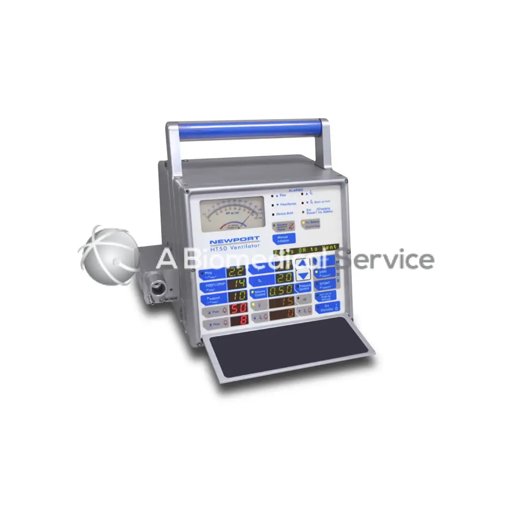 Silver-gray newport ht-50 ventilator with blue handle and digital control panel for biomedical service use