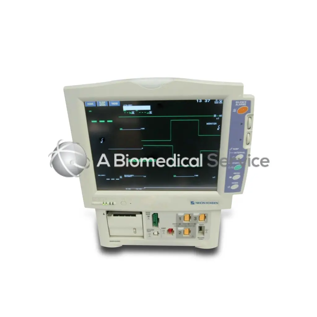 Beige nihon kohden bsm-4104a patient monitor with recorder showing green waveform lines and white text on black screen