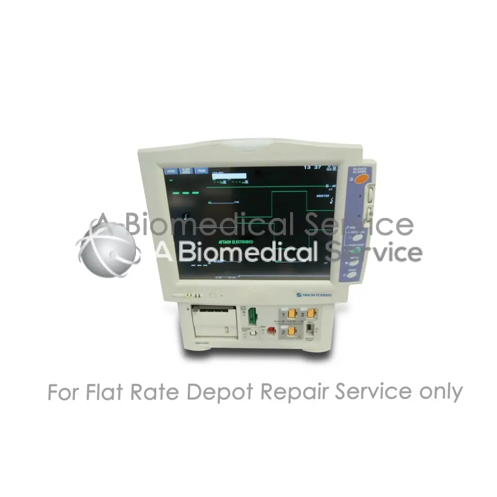 Off-white nihon kohden bsm-4104a patient monitor with digital display and atmos electronics for medical equipment repair service