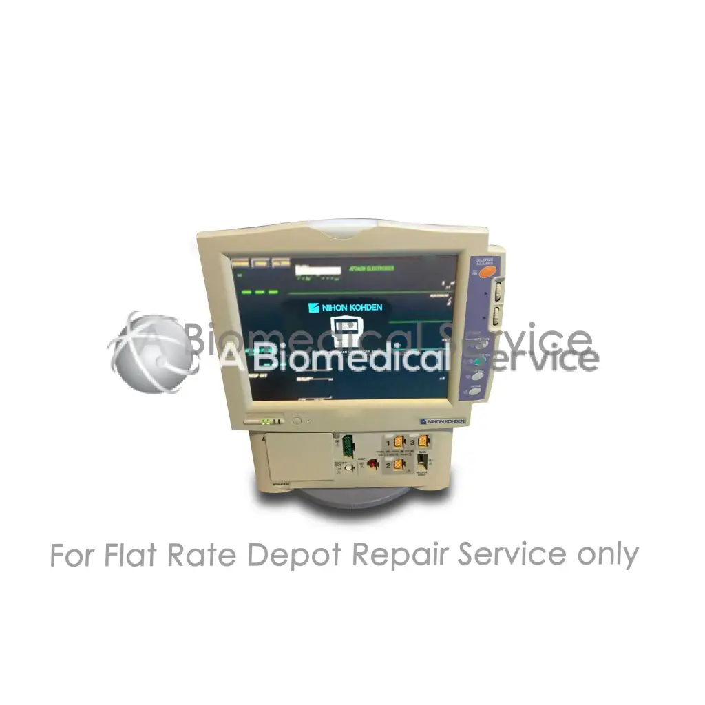 Beige nikon kohden nihon kohden bsm-4114a patient monitor with digital green and blue display for medical equipment repair service