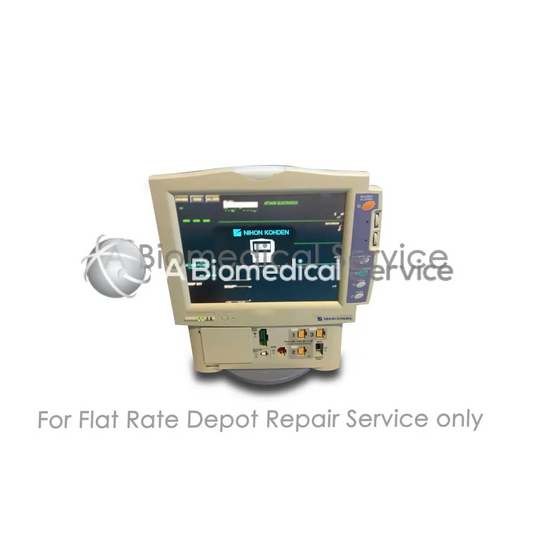 Beige nikon kohden nihon kohden bsm-4114a patient monitor with digital green and blue display for medical equipment repair service