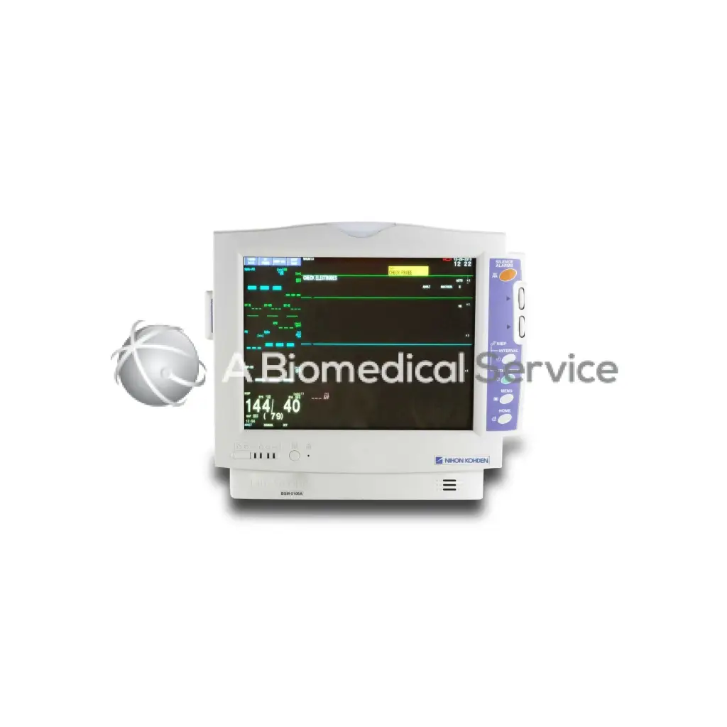 White nihon kohden bsm-5106a patient monitor with digital medical data display and purple control panel on the right side