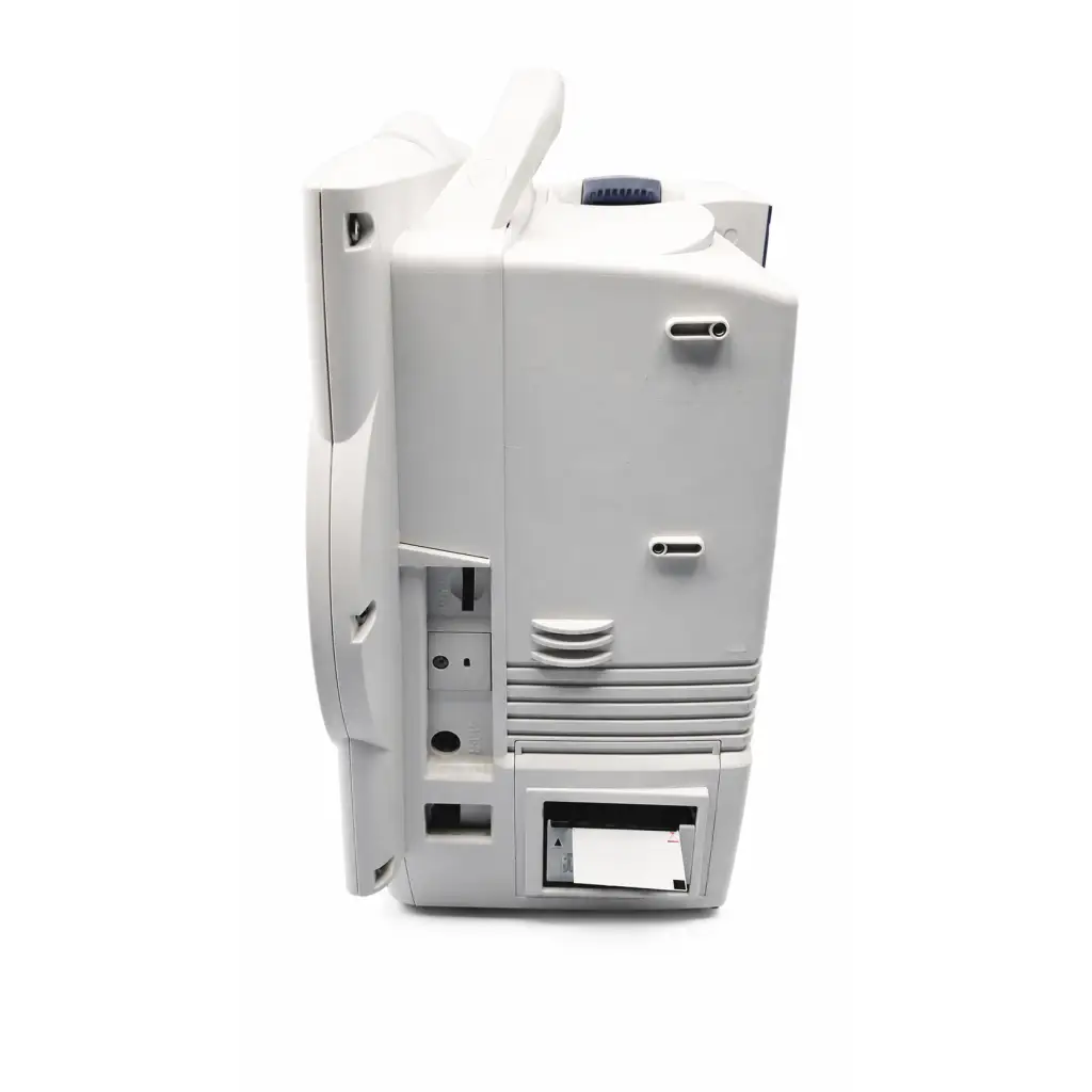 White plastic nihon kohden life scope patient monitor with blue knob and paper output tray for medical use