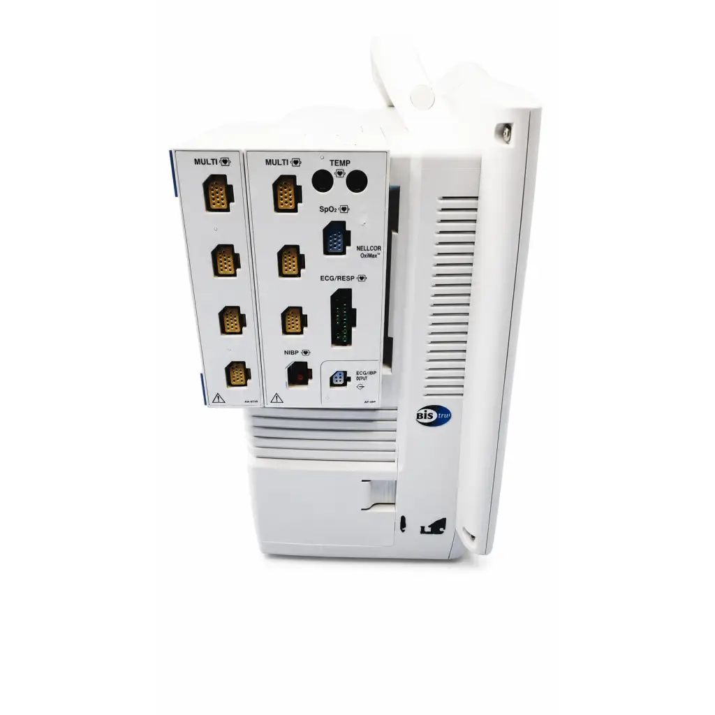 White bis medical monitor with multiple diagnostic ports and connectors on the back of nihon kohden life scope patient monitor