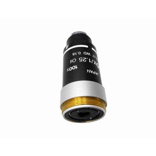 Nikon 100x oil microscope objective lens in black and silver with gold threading for medical equipment use