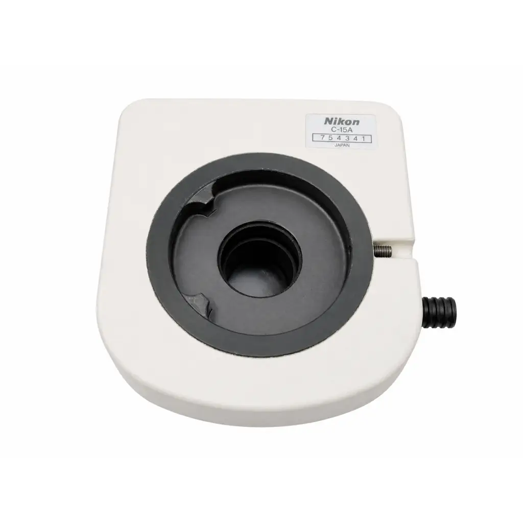 White nikon c-isa microscope optical attachment stage with black aperture and threaded port for biomed use