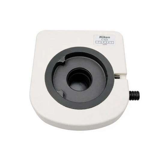 White nikon c-isa microscope optical attachment stage with black aperture and threaded port for biomed use
