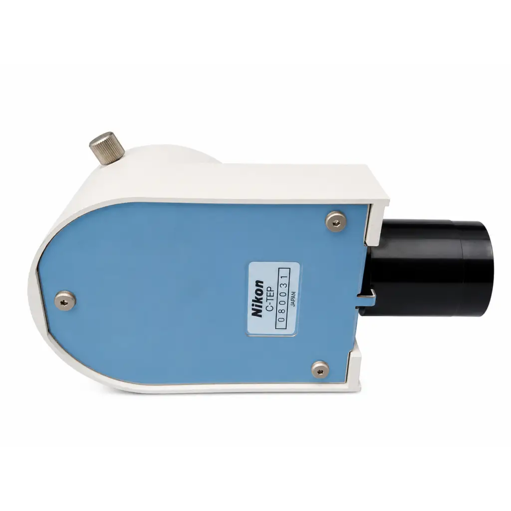 Nikon c-tep microscope eyepiece tube attachment with white light blue body black lens and silver screw caps