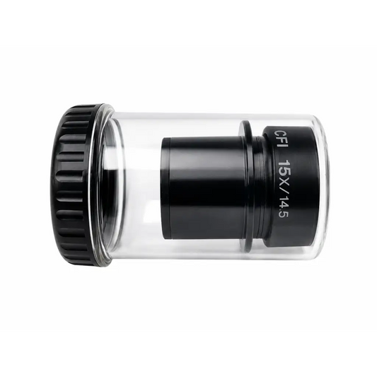 Black nikon cfi 15x eyepiece with textured cap and clear storage case for medical equipment use