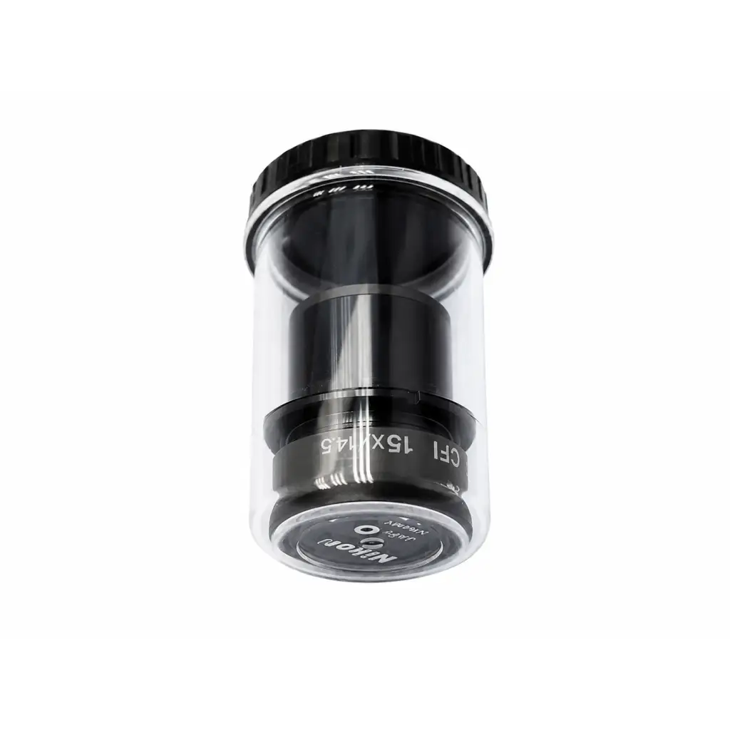 Nikon cfi 15x microscope eyepiece with 14.5mm field in clear protective casing with black components biomed certified