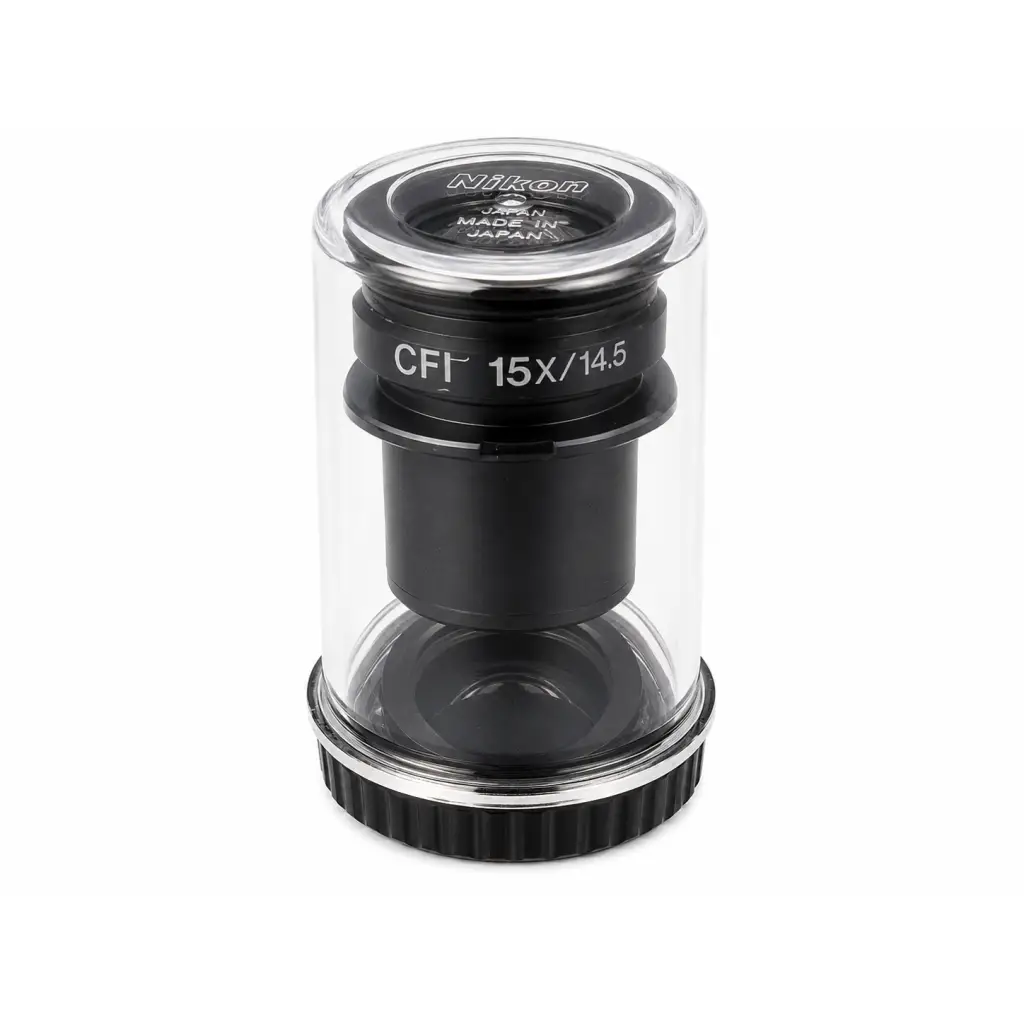 Black nikon cfi 15x microscope eyepiece lens in clear protective case with silver accents made in japan branding