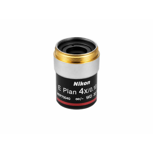 Nikon e plan 4x 0.10 microscope objective with silver body gold-threaded mount and black red labeled ring medical equipment