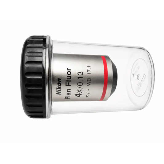Nikon MRH00041 CFI Plan Fluor 4x/0.13 microscope objective with silver body, black ring, and red accent for medical equipment