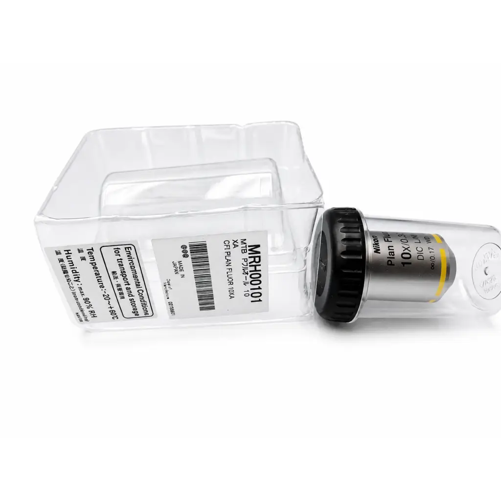 Nikon mrh00101 cfi plan fluor 10x microscope objective with black knurled ring silver barrel in clear plastic case
