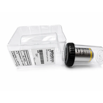 Nikon mrh00101 cfi plan fluor 10x microscope objective with black knurled ring silver barrel in clear plastic case