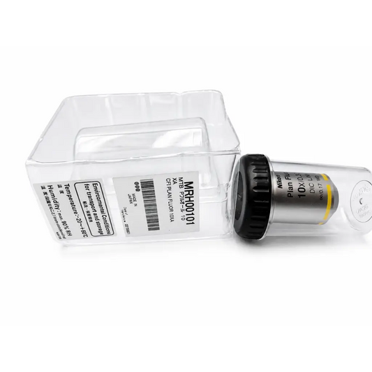 Nikon mrh00101 cfi plan fluor 10x microscope objective with black knurled ring silver barrel in clear plastic case