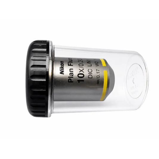Nikon mrh00101 cfi plan fluor 10x/0.30 dic lni microscope objective with black ring and metallic body in clear case