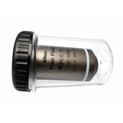 Nikon mrh00401 cfi plan fluor 40xa 40x 0.60 microscope objective lens in clear case with black cap for medical equipment