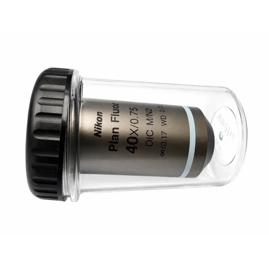Nikon mrh00401 cfi plan fluor 40xa 40x 0.60 microscope objective lens in clear case with black cap for medical equipment