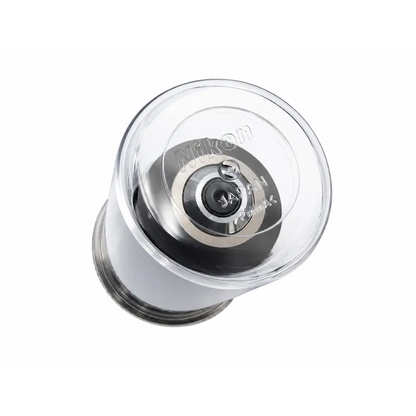 Clear plastic Nikon MRH00401 CFI microscope objective lens cap with silver metallic interior and engraved branding for medical equipment