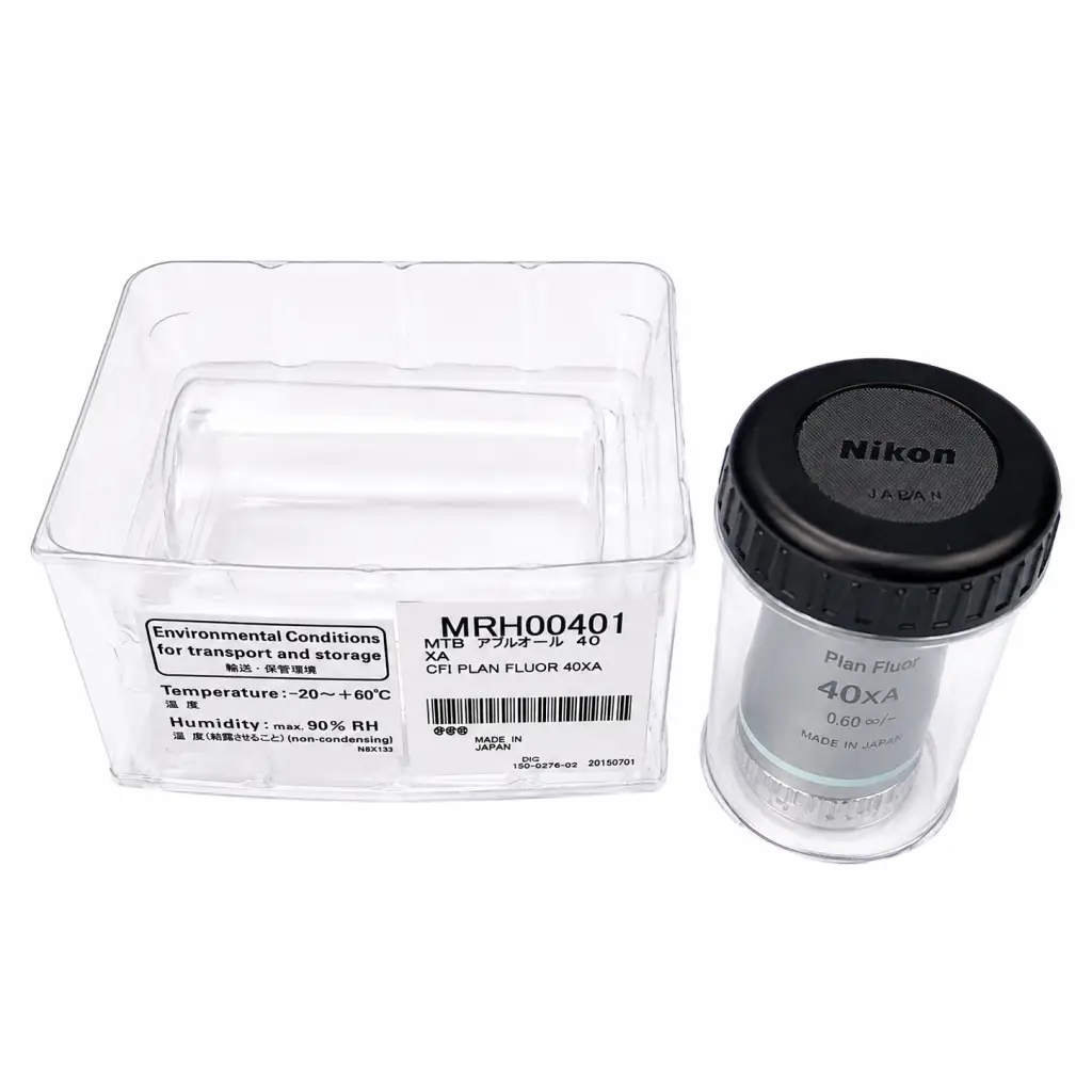 Nikon mrh00401 cfi plan fluor 40xa black textured cap microscope objective in clear protective container for medical equipment