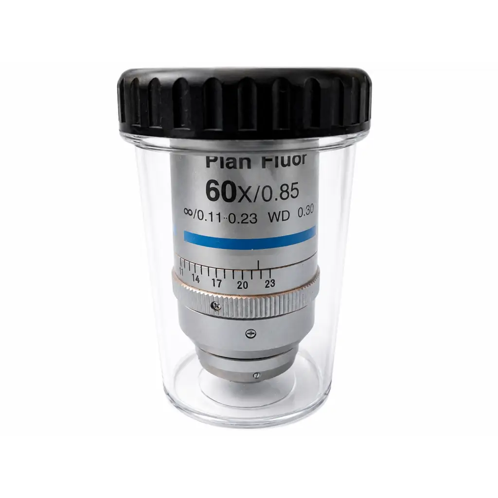 Silver nikon mrh00602 cfi plan fluor 60x/0.85 microscope objective with black ribbed cap in clear protective container