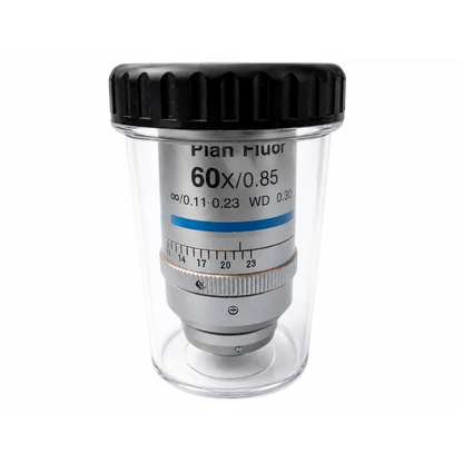 Silver nikon mrh00602 cfi plan fluor 60x/0.85 microscope objective with black ribbed cap in clear protective container