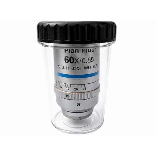 Silver nikon mrh00602 cfi plan fluor 60x/0.85 microscope objective with black ribbed cap in clear protective container