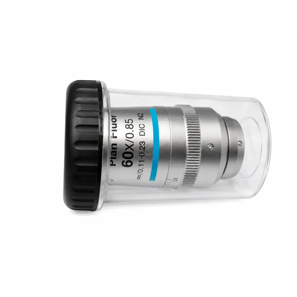 Nikon MRH00602 CFI plan fluor 60x/0.85 silver microscope objective with black cap and blue accent in clear casing medical equipment
