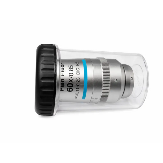 Nikon MRH00602 CFI plan fluor 60x/0.85 silver microscope objective with black cap and blue accent in clear casing medical equipment