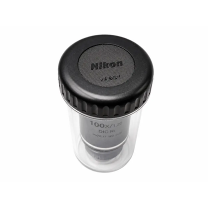 Black nikon mrh01902 cfi plan fluor 100x 1.30 oil microscope objective with textured cap and clear protective casing