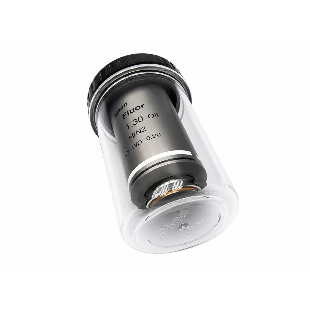 Nikon mrh01902 cfi plan fluor 100x 1.30 oil microscope objective with metallic body black cap in clear protective casing