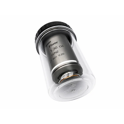 Nikon mrh01902 cfi plan fluor 100x 1.30 oil microscope objective with metallic body black cap in clear protective casing