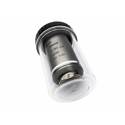 Nikon mrh01902 cfi plan fluor 100x 1.30 oil microscope objective with metallic body black cap in clear protective casing