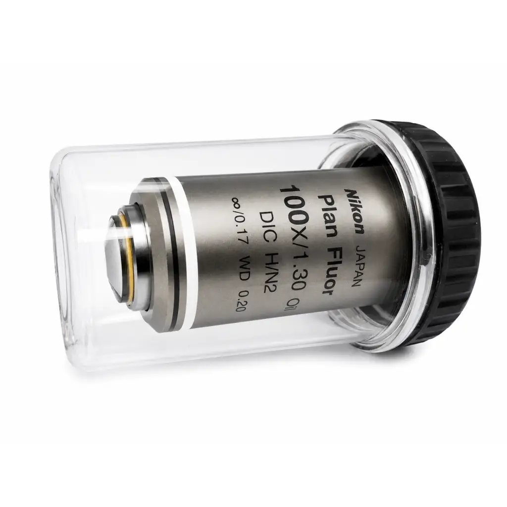 Nikon MRH01902 CFI Plan Fluor 100x 1.30 oil microscope objective lens in silver with black ring in clear protective case
