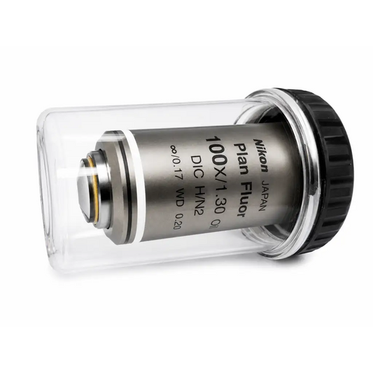 Nikon MRH01902 CFI Plan Fluor 100x 1.30 oil microscope objective lens in silver with black ring in clear protective case