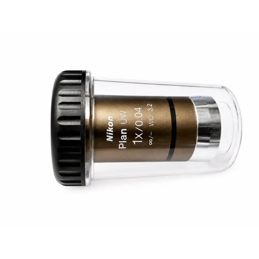 Nikon mrl00012 cfi microscope objective with bronze barrel and black cap in clear case for medical equipment use