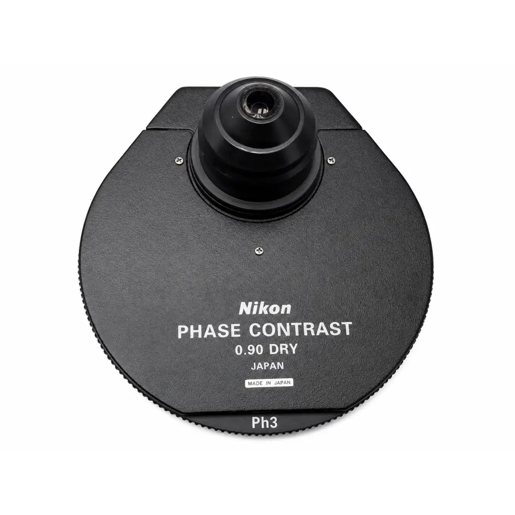 Black Nikon phase contrast 0.90 dry microscope condenser lens with textured matte finish for medical equipment use