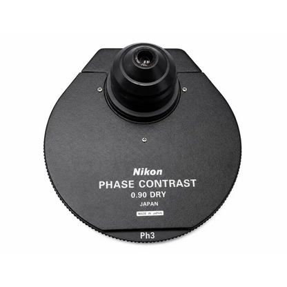 Black Nikon phase contrast 0.90 dry microscope condenser lens with textured matte finish for medical equipment use