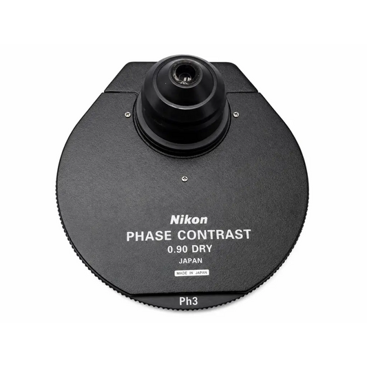 Black Nikon phase contrast 0.90 dry microscope condenser lens with textured matte finish for medical equipment use