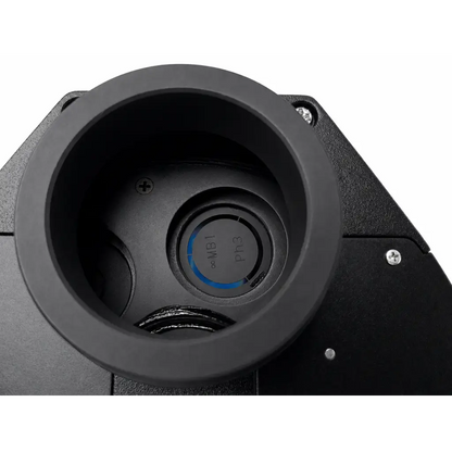 Black circular dial with blue illuminated mb1 and ph3 markings on matte black plastic housing of nikon phase contrast microscope condenser medical equipment